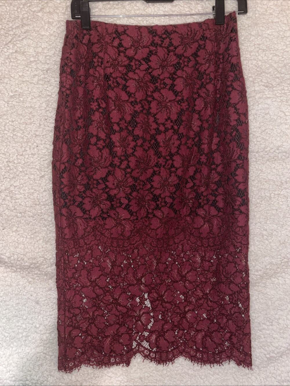 Sandro Julee Lace Midi Pencil Skirt SZ 2 Burgundy Black Dark Romantic Goth